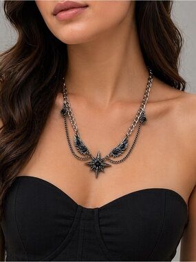 Layered Star & Wing Necklace in Gunmetal